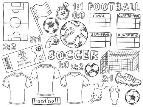 Football doodles set soccer sketch