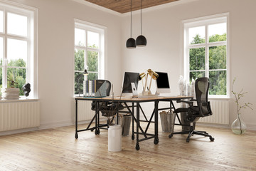 3D render of empty home office with hardwood floor © XtravaganT