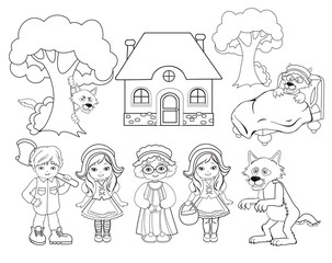 Coloring. Little red riding hood. Big set for education. 