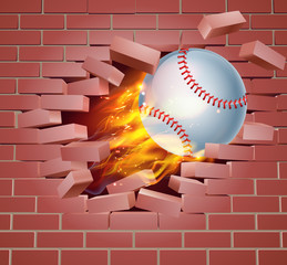Flaming Baseball Ball Breaking Through Brick Wall