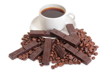 Coffee cup and chocolate on a white background
