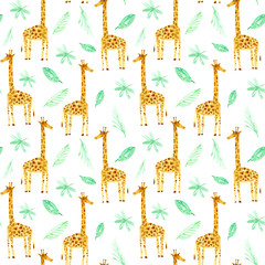 Fototapeta na wymiar Seamless pattern with yellow giraffe and foliage.Watercolor hand drawn illustration.White background.Animals illustration.
