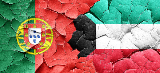 Portugal flag with Kuwait flag on a grunge cracked wall