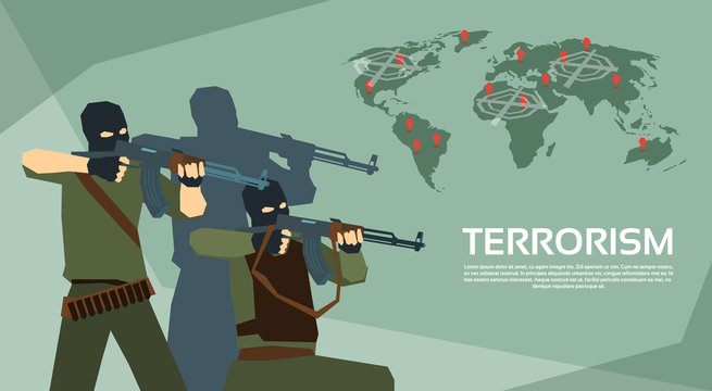 Armed Terrorist Group Over World Map Terrorism Concept