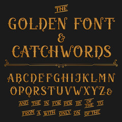 Vintage alphabet vector font with catchwords. Golden ornate letters and catchwords the, for, a, from, with, by etc. Vector font for labels, headlines, posters etc.