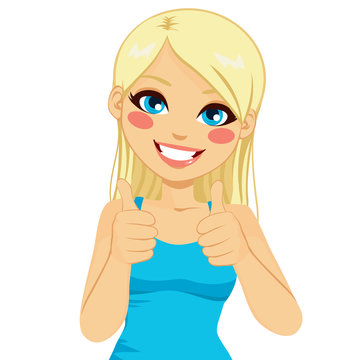 Beautiful blonde woman happy smiling making thumbs up sign with both hands