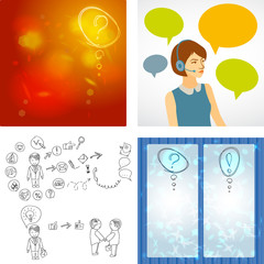 Beautiful woman working in a call center with speech bubbles. Hand doodle Business icon set idea design, job search, resume. Question mark icon sketch. Vector