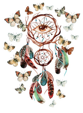 Watercolor ethnic dream catcher with all seeing eye.