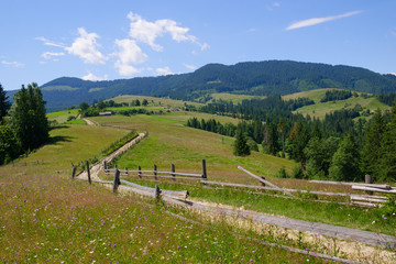 Fototapeta na wymiar Rural landscape with country road at sunny morning in the Carpathian Mountains ( near Verkhovyna) , Ukraine.