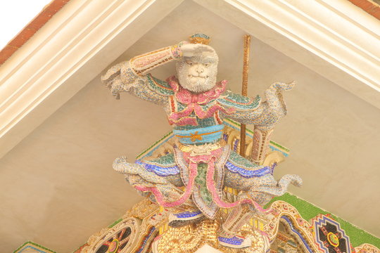 BANGKOK, THAILAND - JUNE 11, 2016 : High Relief Sculpture of Wukong, magic monkey decorated with ceramic mosaic at Wat Pariwat Temple, Bangkok, Thailand