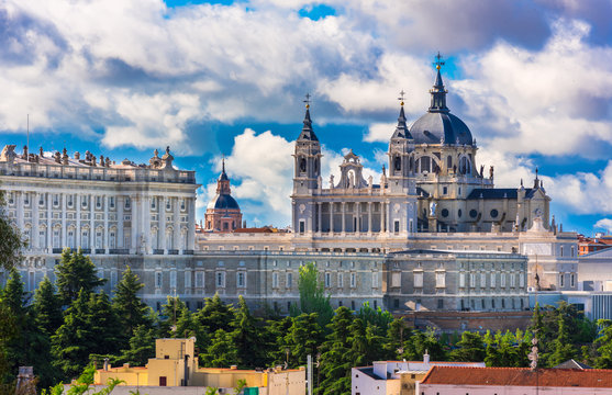 Cathedral Santa Maria la Real de La Almudena and the Royal Palace in Madrid, Spain
