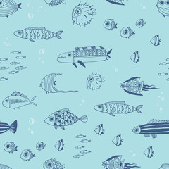 Cute summer fishes. Seamless vector pattern. Perfect for scrapbook paper, fabrics, web.