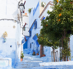 Narrow alleyway with light blue houses  in the medina, Chefchaouen, Morocco