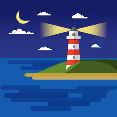 Flat summer vector night landscape. Travel and sailing concept template with moon, clouds, sea, lighthouse. Stylish trendy outdoor tourism, rest, vacation theme.