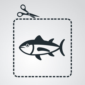 Icono plano tijeras cortando cup&oacute;n con pescado en fondo degradado