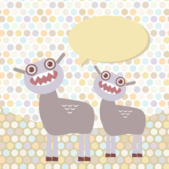 Polka dot background, pattern. Funny cute dinosaur monsters on dot background. Vector