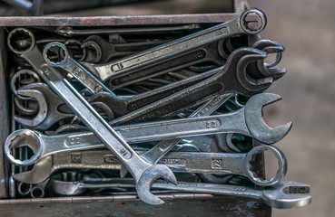 Collection of wrenches or spanners.