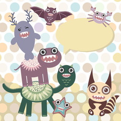 Polka dot background, pattern. Funny cute dinosaur monsters on dot background. Vector