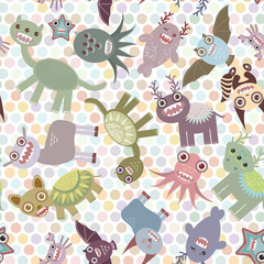 Polka dot background, seamless pattern. Funny cute dinosaur monsters. Vector