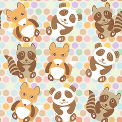 Polka dot background, pattern. Funny cute raccoon, panda, fox on dot background. Vector
