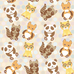 Polka dot background, pattern. Funny cute raccoon, panda, fox, cat on dot background. Vector