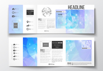 Vector set of tri-fold brochures, square design templates. Abstract colorful polygonal background, modern stylish triangle texture
