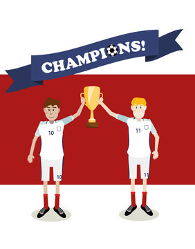 vector illustration of England national soccer players holding champions winner trophy cup