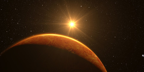 Fototapeta premium Venus. Cinematic and very realistic sunrise seen from space on venus, 3d rendering.