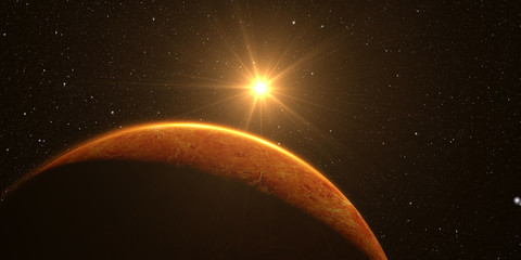 Venus. Cinematic and very realistic sunrise seen from space on venus, 3d rendering. © janez volmajer