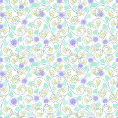 Floral seamless pattern in retro style, cute cartoon  flowers white background