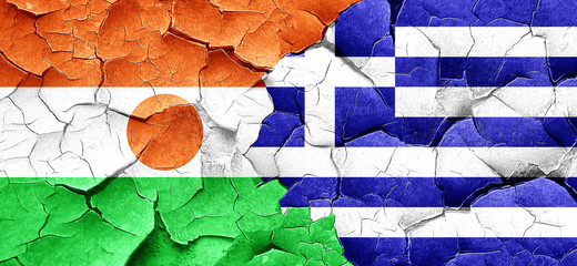 niger flag with Greece flag on a grunge cracked wall