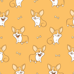 Seamless pattern with cute cartoon dogs breed Welsh Corgi Pembroke on  orange background. Little puppies and bones. Children's illustration. Vector image. Funny animals.