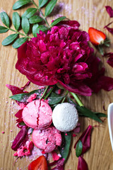 peonies and macaroon. view from above