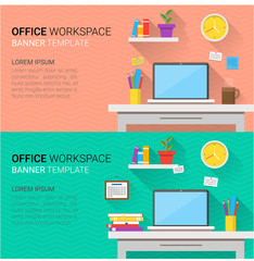 Flat design vector horizontal banners of modern office interior. Creative cartoon workspace with computer, notes, folders, books, plants, mug, calendar, clock. Minimalistic style and color