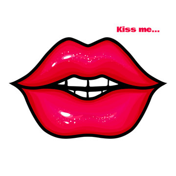 Pink female lips. Glow design. Sweet kiss. Glamour vector illust
