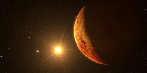 Fototapeta premium Venus. Cinematic and very realistic sunrise seen from space on venus, 3d rendering.