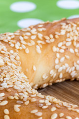 Selective focus on round pastry with sesame