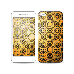 Mobile smartphone with an example of the screen and cover design isolated on white background. Islamic gold pattern, overlapping geometric square shapes forming abstract ornament. Vector stylish