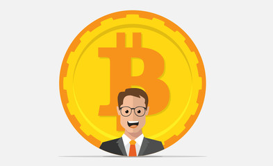 Flat bitcoin icon and businessman. Golden coin with man.