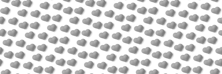 seamless banner with hearts in shades of gray (format 3x1, 3d illustration)