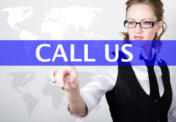 call us written in search bar on virtual screen. Internet technologies in business and home. woman in business suit and tie, presses a finger on a virtual screen