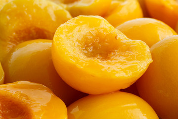 Background of canned peach halves in perspective.
