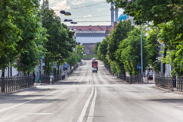 One of the Kazan's streets and wall of the Kazan Kremlin