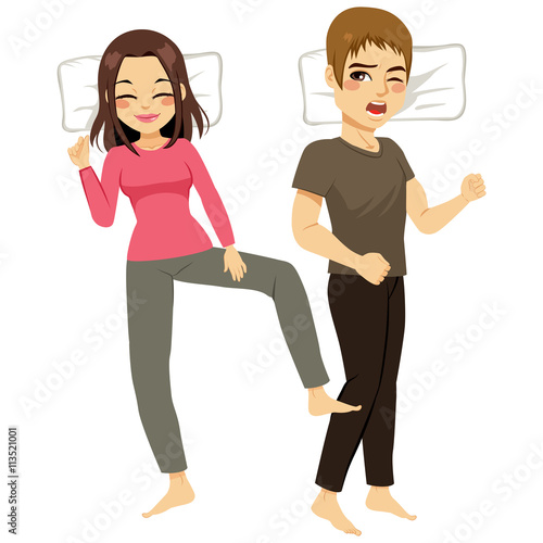 "Illustration of woman annoying kicking man while sleeping" Imagens e