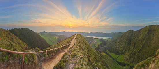 Mountain landscape with hiking trail and view of beautiful lakes, Ponta Delgada, Sao Miguel Island, Azores, Portugal