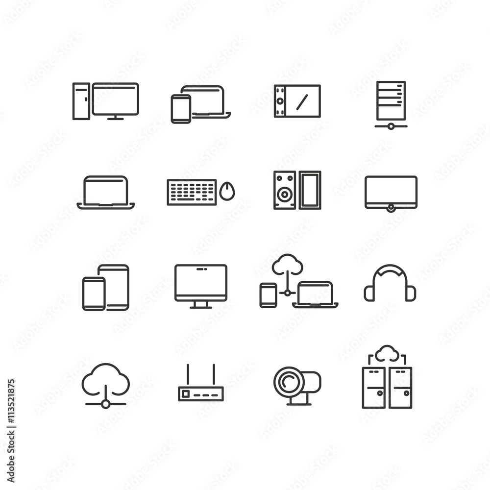 Poster computers and devices line icons set