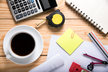 engineering objects on wooden table. top view