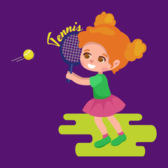 Happy girl playing tennis, kids sport, childrens activity vector illustration