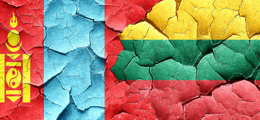 Mongolia flag with Lithuania flag on a grunge cracked wall