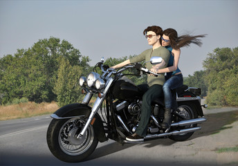 Fototapeta na wymiar 3d illustration of young couple traveling by motorcycle along countryside road